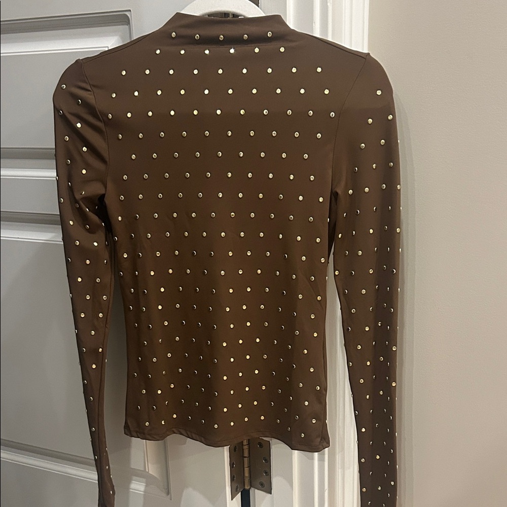Brown Gold Metal Studded fitted Long Sleeve Top NWT